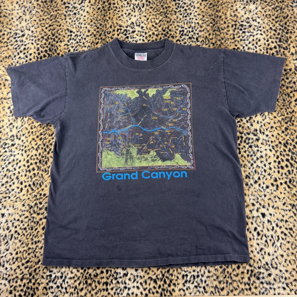 Vintage 90s Oneita Grand Canyon Map T-Shirt Black Single Stitch Made in USA L